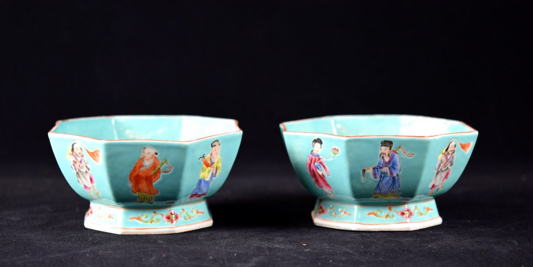 Pair Chinese Hexagonal Bowls with Immortal Scene (1 of 7)