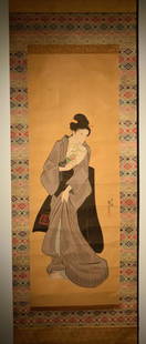 Japanese Scroll Painting of Beauty: 19th cen, image measures 13.8" wide, 38.7" long; overall measures 19" wide 70" long, tear in the mounting border, image fine