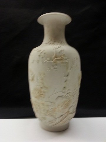 Early Chinese Artist Signed Bisque Vase: Early Chinese Artist Signed Bisque Vase with Flowering Tree and Bird Motif. Height 13" Attributed to Wang Bing Rong