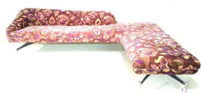 Vladimir Kagan Swan Sofa: Mid Century Vladimir Kagan Couch With Jack Lenor Larsen Fabric L shaped on footed metal frame. Height 31" Length 108" L 72"
