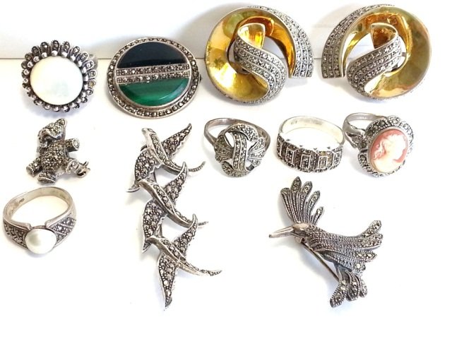 11 pc Lot Vintage Sterling Jewelry: 11 pc Lot of vintage sterling....Marcasite jewelry ring, earrings, brooches - some with cameo or stones