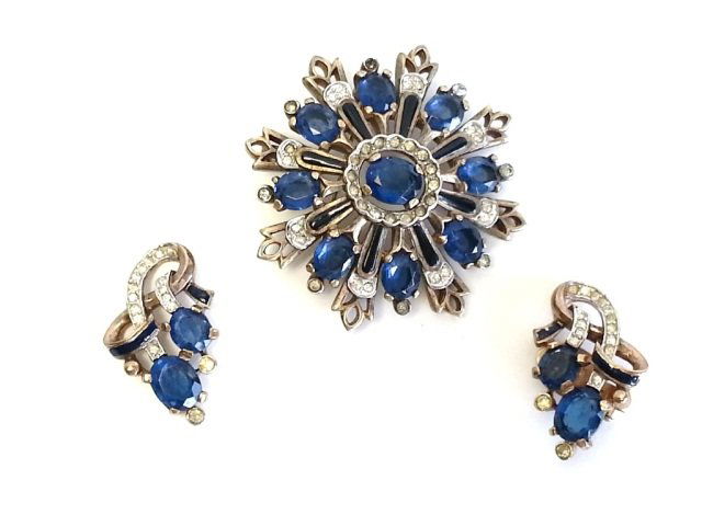 3 Pc Early Crown Trifari Pin and Earrings: One Missing Back