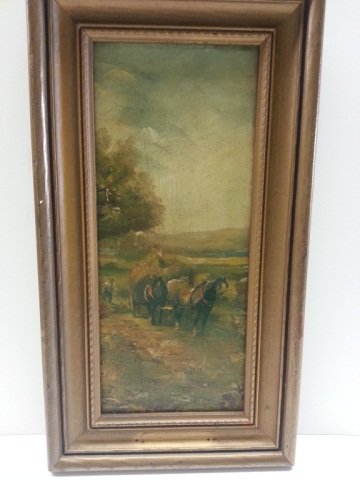 Artist Signed "Dix" Oil on Board: Signed Dix oil on board of harvest scene 13 1/2" high by 7 1/2" wide