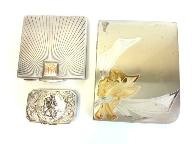 3 Pc Sterling and Gold Compacts: One 800 Silver Repousse