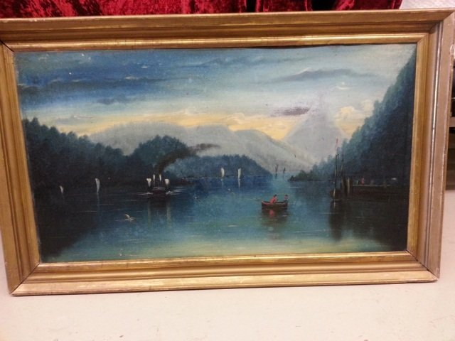 Hudson River Scene Oil on Board: Nice Framed Oil on Board With Mountain and River Scene Possibly Thomas Chambers 19 1/2 Height 32 1/2" Wide