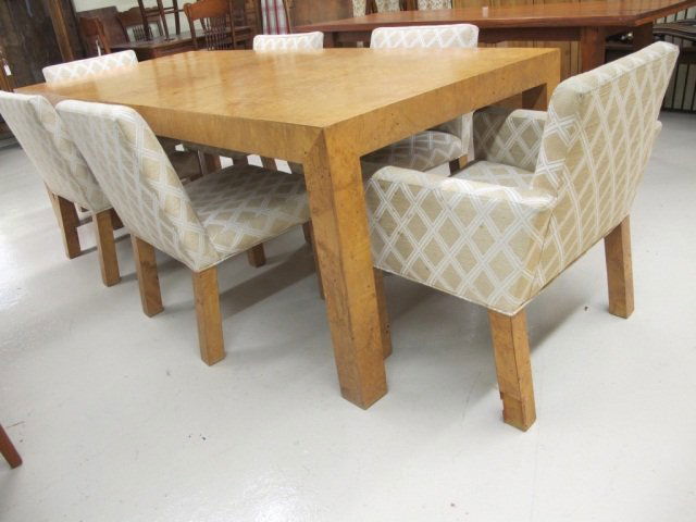 Milo Baughman for Thayer Coggin Dining Room Set: Milo Baughman forThayer Coggin Olive Wood Dining Room Table and Chairs With 2 Leaves. (Unsigned) Some Loss to Veneer on Chairs