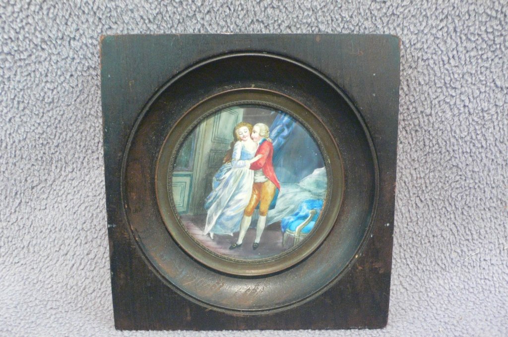 Louis XVI period miniature painting on ivory: A rare and fine Louis XVI period ‘genre', miniature painting on ivory. By an accomplished artist. Most all of its original hand written and extensive identification on reverse in ink. In original fr