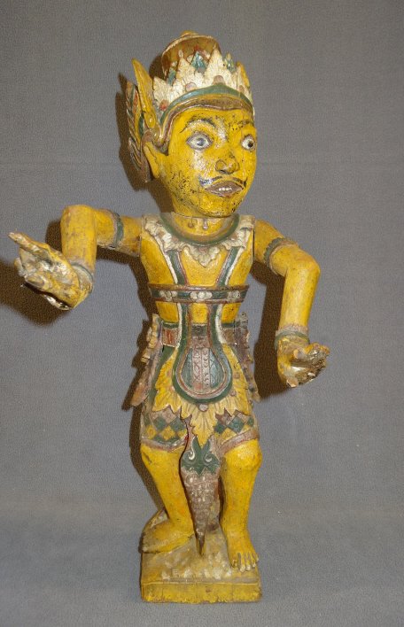 18C Balinese Court figure: Exceptionally fine 18C Balinese Court figure, large and important. Originally animated head and arms.. Minor flaws, tips of a few fingers.. Almost all of its original polychrome. NY auction catalog in