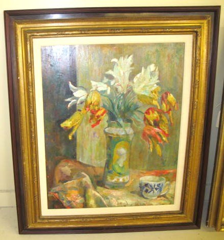 Eduardo Gordigiani oil/wood panel: Eduardo Gordigiani 1866-1961 Italian, Nature Morte, Tulips in an Alberrello C. 1930's oil/wood panel. A fine Italian impressionst still life oil painting on a substantial cradled wood panel, nice cond