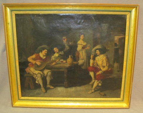 Oil on canvas by Francois Dumont Sr.: Strong antique painting, O/C by Francois Dumont Sr. 1751-1831, noted French artist A room with multiple figures, an early 19th century festive scene in as found, untouched estate condition. Well liste