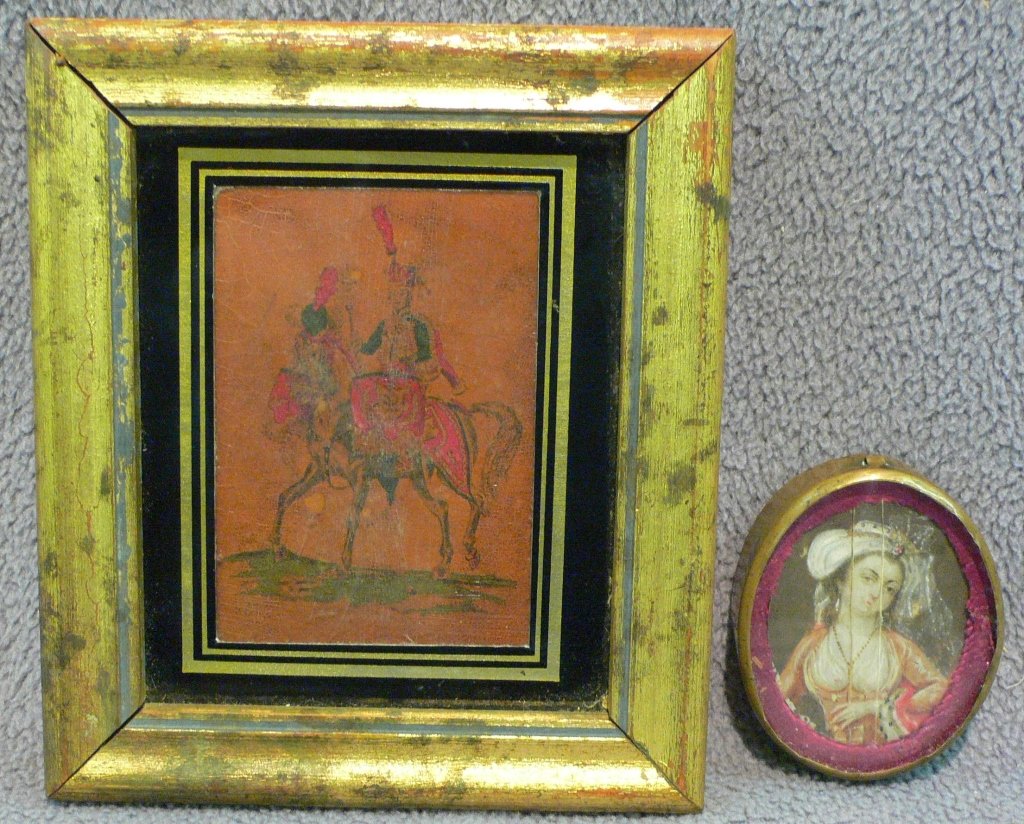 Indian miniature painting & gilt copper frame: A rare 18th C. Indian miniature painting of a Mughal Princess. Original gilt copper frame. Very finely painted, the young girl in ermine and with ruby and diamond tiara. Two vertical ivory cracks with