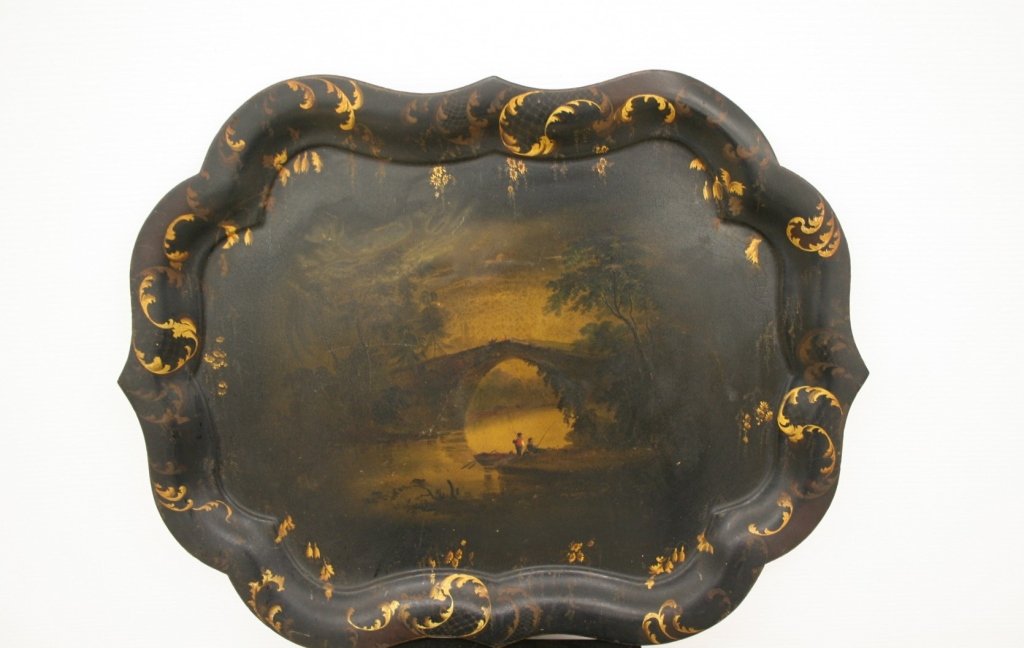 landscape painted early English tole tray: First quality landscape painted early English tole tray of Chippendale style & 18th C. Painted by a top early artist, excellent original condition, untouched, uncleaned, as fine as about any. Circa 17