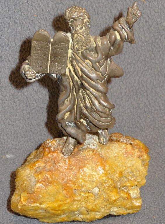 Rare 17-18th C. silver sculpture of Moses: Rare 17-18th C. silver sculpture of Moses coming down from the mountain with tablet. The figure thickly hammered and hollow, formed from two annealed parts. The tablet hand engraved, the figure mounte