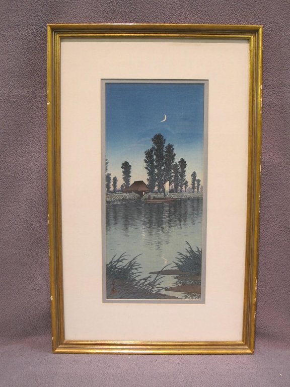 Rare Japanese shin-hanga print: Rare Japanese shin-hanga print of pillar format. Kawase Hasui C 1930. Not removed from the gilt frame. Fine bright condition and impression. Publisher; Yoshida Hiroshi. Sight size 6 3/8" x 14".