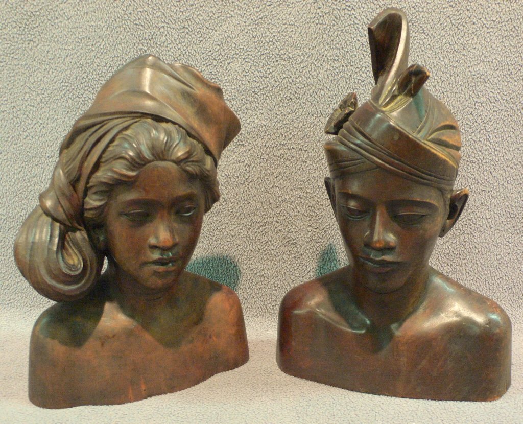 pair Indonesian wood carved Royal portraits: Fine pair antique Indonesian wood carved Royal portraits, Prince and Princess, Bali, C1850. Artist signed bases, including Netherlands, East India. Untouched original condition. 1st quality carvings o