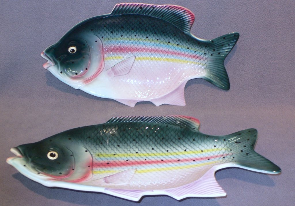 Pair of large Majolica fish platters: Pair of large Majolica fish platters, probably French or English. Realistically relief modeled and , under glaze painted, unmarked, 15 1/2" long.