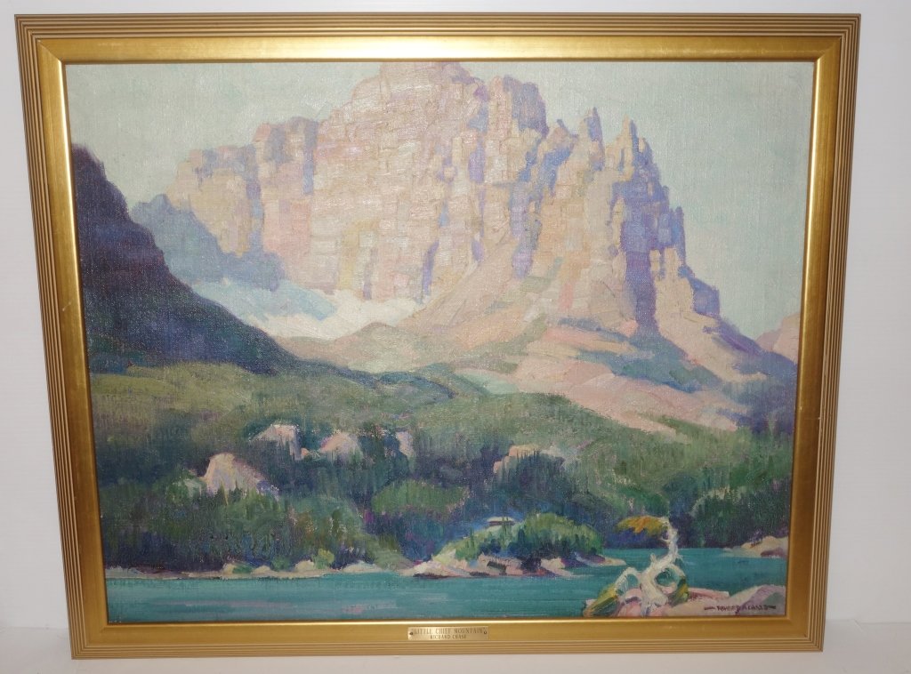 Oil on canvas mountain scene by Richard Chase: Oil on canvas mountain scene by Richard Chase titled "Little Chief Mountain". 27 1/2 inches x 33 1/2 inches.