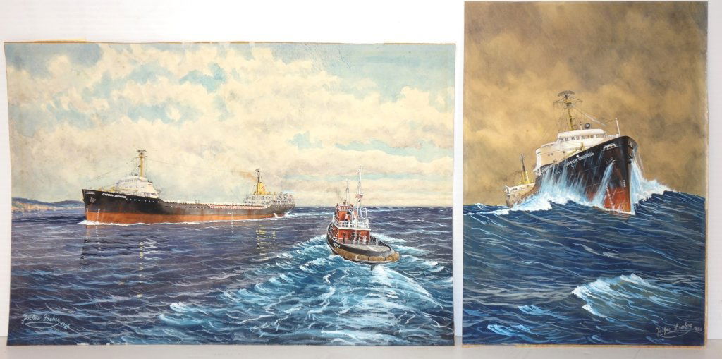 2 boat watercolors by Jochen Gochse 1956: 2 ship watercolors on panel by Jochen Gochse 1956. Ships named "Gypsum Express", & "Gypsum Dutchess". Largest measures 15 1/2 inches x 10 1/2 inches.