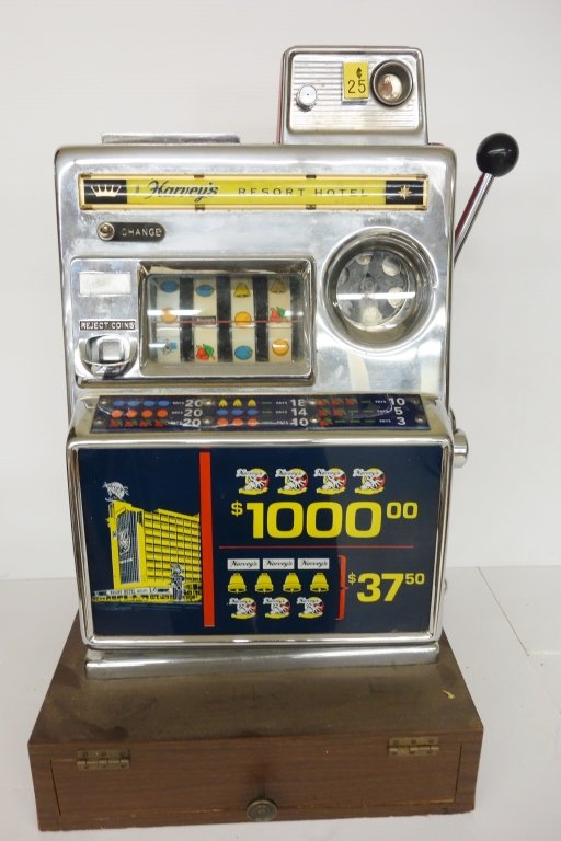 Harvey's Resort Hotel Slot machine: Harvey's Resort Hotel Slot machine, 1960's. In working order, lacking light plug. 31 inches x 18 inches x 17 inches.