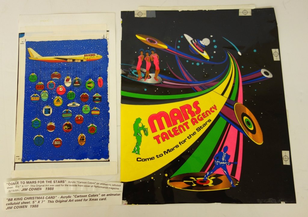2 pieces of illustration artwork by Jim Cowen: 2 pieces of illustration artwork by Jim Cowen including- "Come to Mars for the Stars Acrylic "Cartoon Colors" on animators celluloid sheet, used for front cover of "Performance Magazine"; & "BB King C