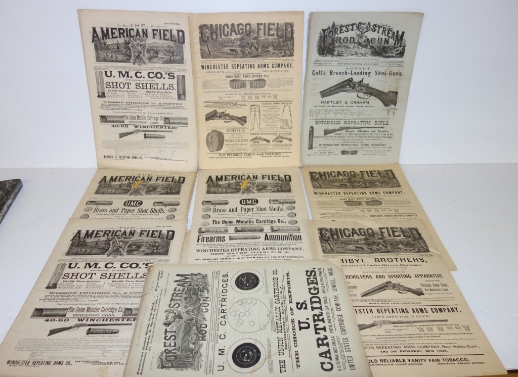 10 1880's gun newspapers: 10 1880's gun newspapers including 2 Forest and Stream & Rod and Gun (1882/1888); 5 The American Field (3-1889/2-1884); & 3 Chicago Field, 1881. Tears; foxing/stains; pages separating. 16 1/2 inches x