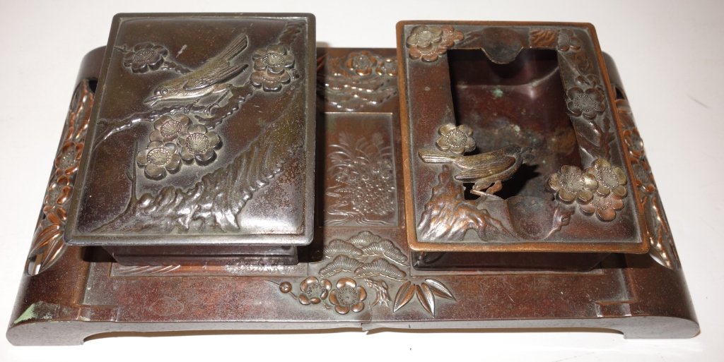 Antique bronze ashtray & cigarette box set: Antique bronze ashtray & cigarette box set. Base has crack. 10 inches x 2 1/2 inches.