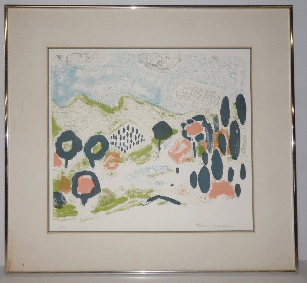 Mountain scene lithograph by Florence Putterman: Mountain scene lithograph, 7/40 signed Florence Putterman James H. Morris Gallery label on back.28 inches x 26 inches.