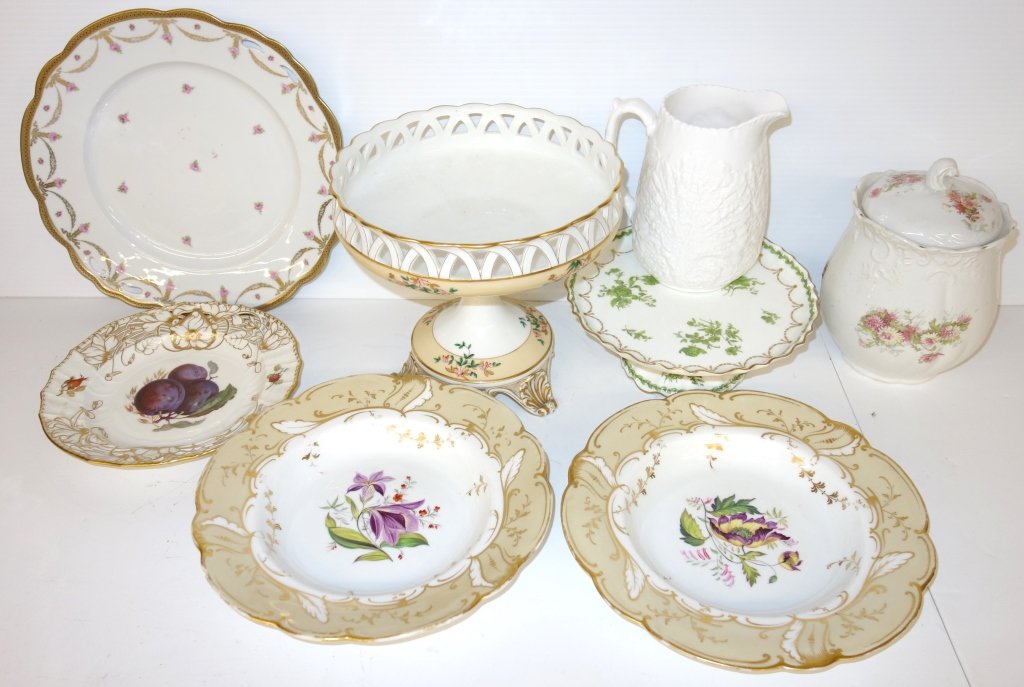 8 pieces assorted glassware: 8 pieces assorted glassware including pitcher, compote, plates, covered jar. Marking include Spode; M.Z. Australia. Largest measures 89 inches x 8 1/2 inches.