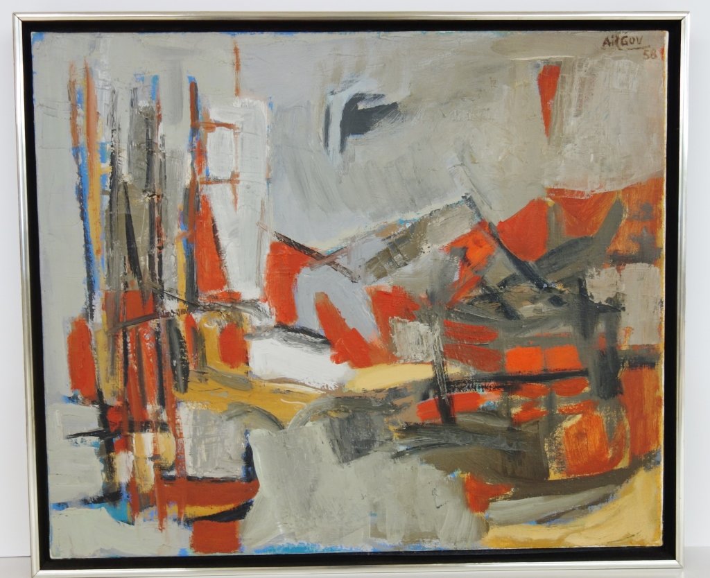 Oil on canvas abstract by Michael Argov: Oil on canvas abstract by Michael Argov. Label & stamp on back. 23 inches x 19 inches.