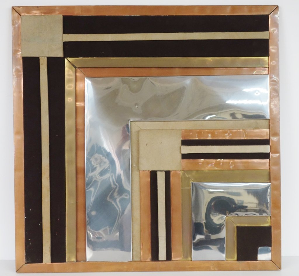 Artist signed Mid Century copper & metal wall mirror: Large copper & metal wall artwork. 38 inches x 39 inches. Artist cypher. Purchased from artist in NY in 1960.