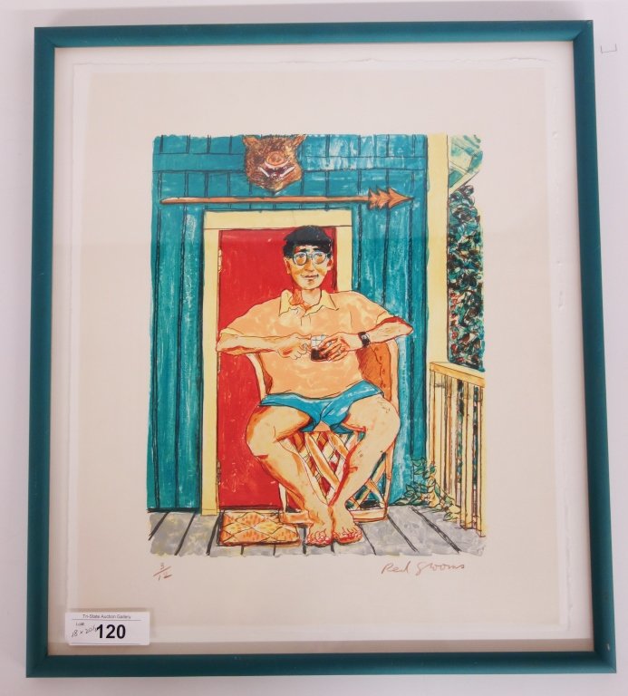 Lithograph by Red Grooms: Lithograph seated man by Red Grooms, 3/12. 18 inches x 20 1/2 inches.