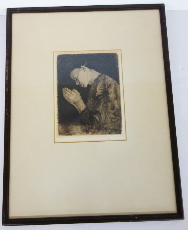 Etching by Kathe Kollwitz: Etching by Kathe Kollwitz (1867-1945) titled "Woman with Folded Hands". COA, Newburgh Antiques & Gallery label & Sullivan's Gallery label on back. 14 inches x 19 inches.