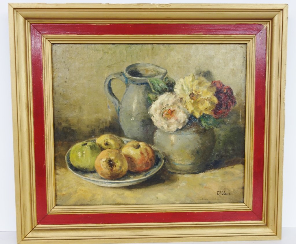 Oil on canvas still life by Claus: Oil on canvas still life by D.I.? Claus. 24 inches x 21 inches.
