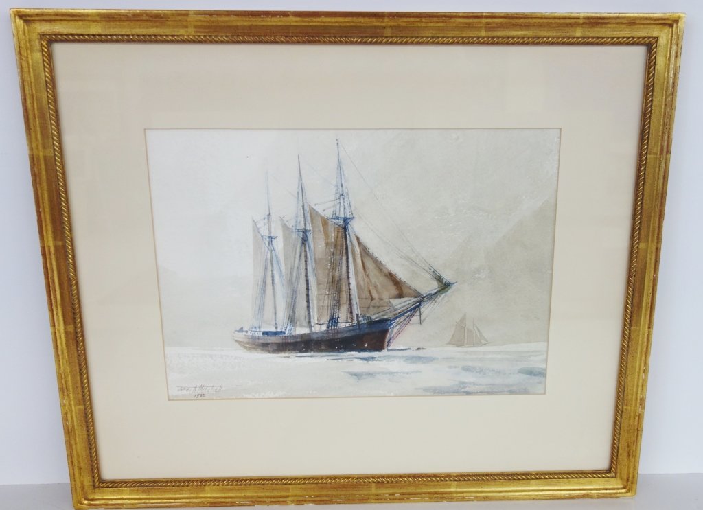 Watercolor on paper by James A. Mitchell: Watercolor on paper titled "Waiting for Wind" by James A. (Archibald) Mitchell, 1962. Kennedy Galleries label on back. 22 inches x 18 inches.