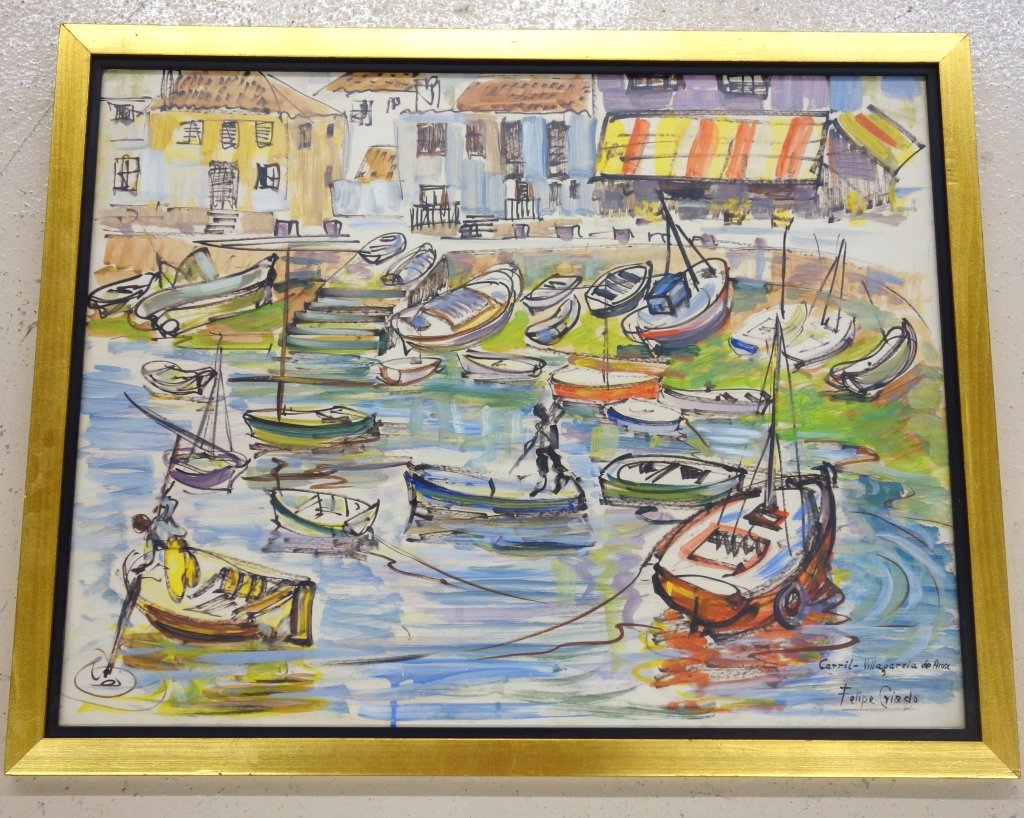 Watercolor on board by Felipe Criado: Watercolor on board boats scene by Felipe Criado, "Carril- Villagreia de Arose. 28 inches x 22 1/2 inches.