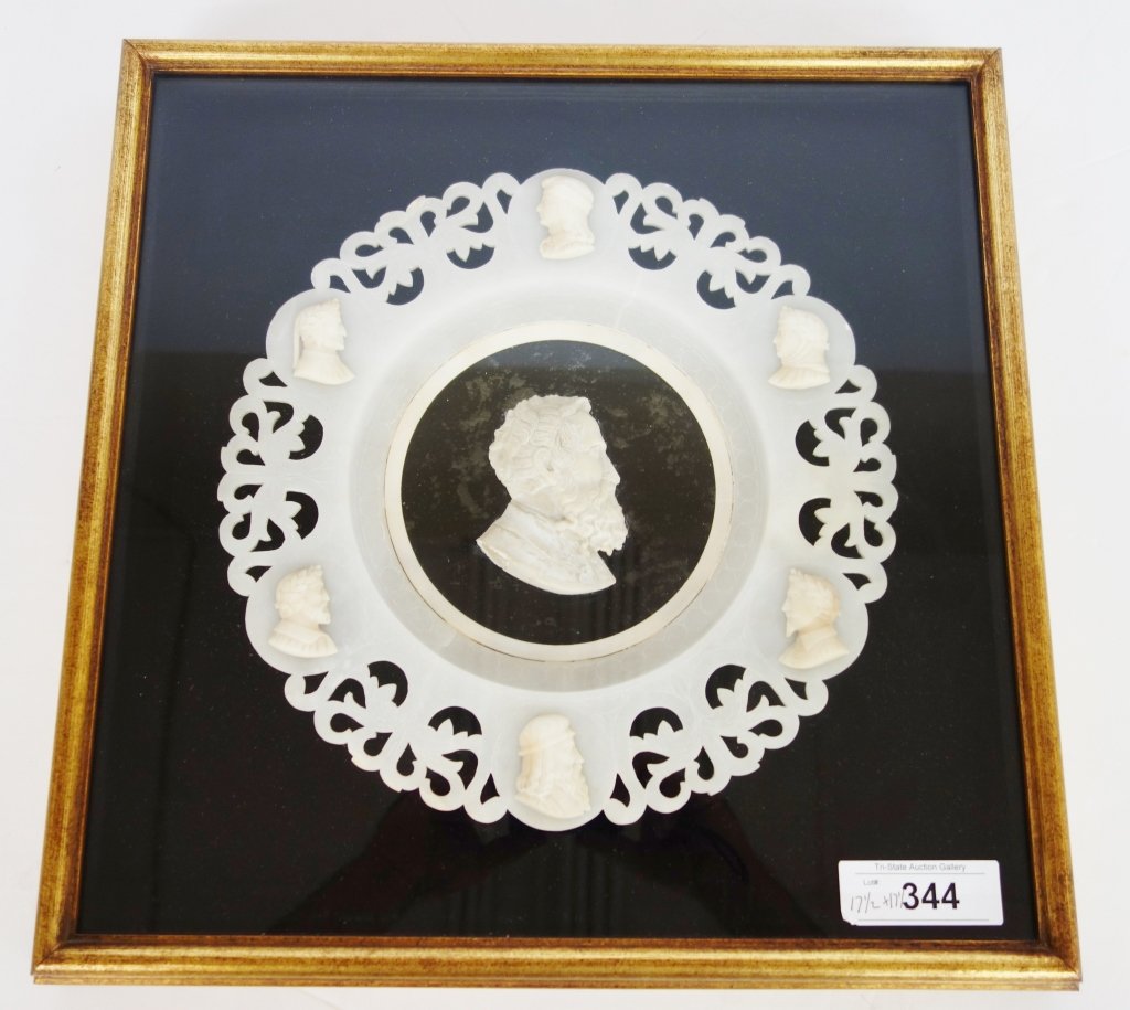 Framed alabaster portrait plaque: Framed alabaster portrait plaque. 17 1/2 inches x 17 1/2 inches.
