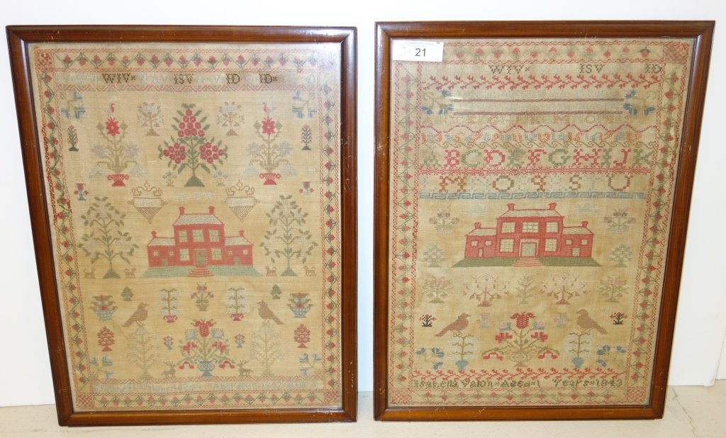 2 19th century needlepoint samplers: 2 19th century needlepoint samplers. One by Isabella Valon 1843, & the other by Elizabeth Valon. 18 inches x 24 inches.