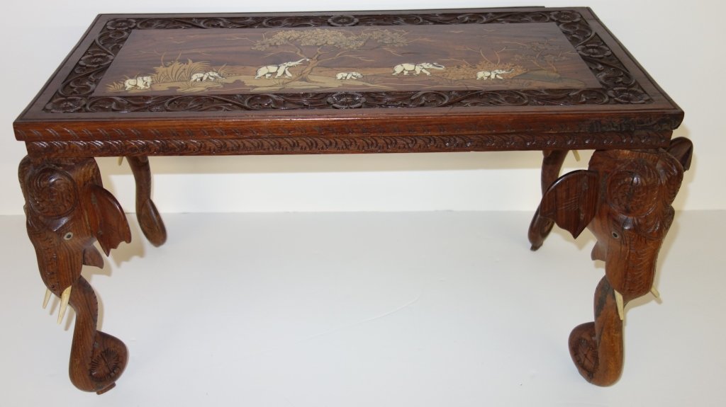 Inlaid table with elephant legs: Inlaid table with elephant legs. 28 inches x 14 1/2 inches x 14 inches.