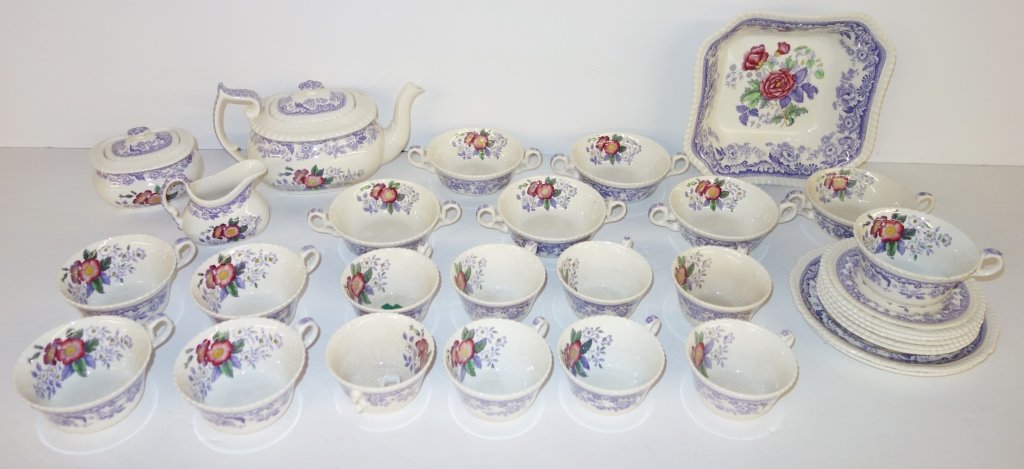 29 pieces Copeland Spode cups/teapot: 29 pieces Copeland Spode , England, "Mayflower" pattern cups, teapot, sugar, creamer, saucers. 1 cup needs handle reattached.