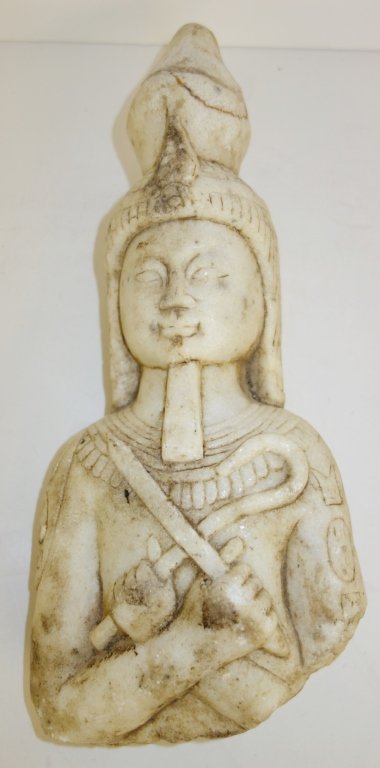 marble carved torso: marble carved torso acquired in Syria, of Egyptian influence. Appears ancient and excavated and to be the top of a once full figure. 13 inches x 5 inches.