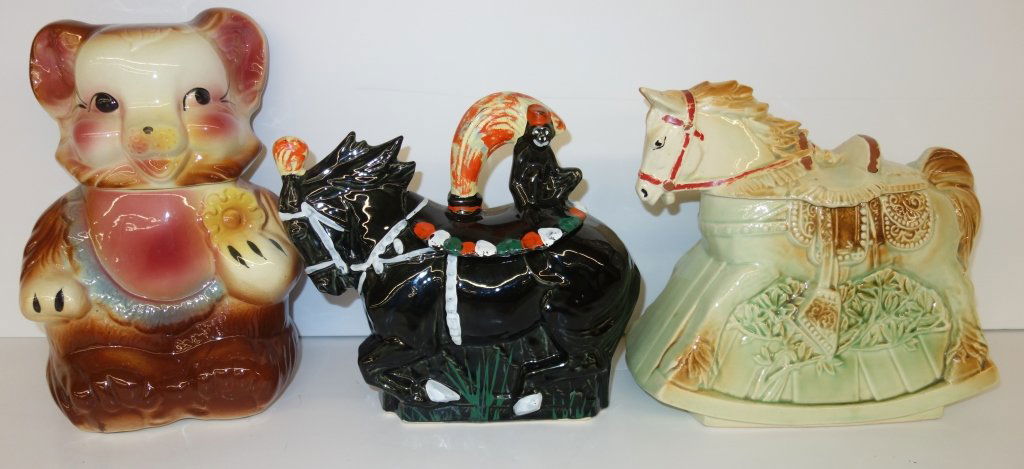 3 cookie jars including 2 McCoy: 3 cookie jars including 2 McCoy horses, & 1 bear. Largest measures 12 inches x 7 inches.