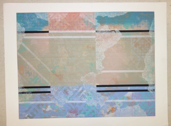 Robert Kelly abstract lithograph: Robert Kelly abstract lithograph 66/150, titled "Asana I", 1989. 39 inches x 37 inches