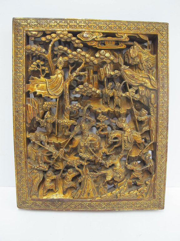 Chinese carved and gilded wood temple panel (1 of 4)