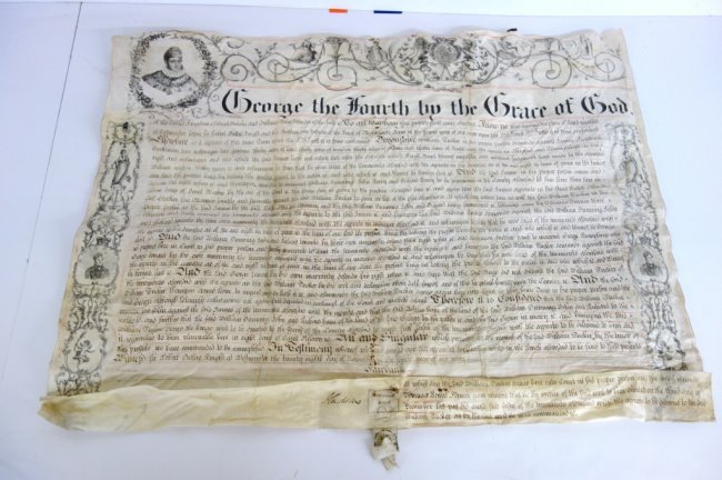 Circa 1830 large legal land deed on velum: Circa 1830 large legal land deed on velum, "George the Fourth by the Grace of God".