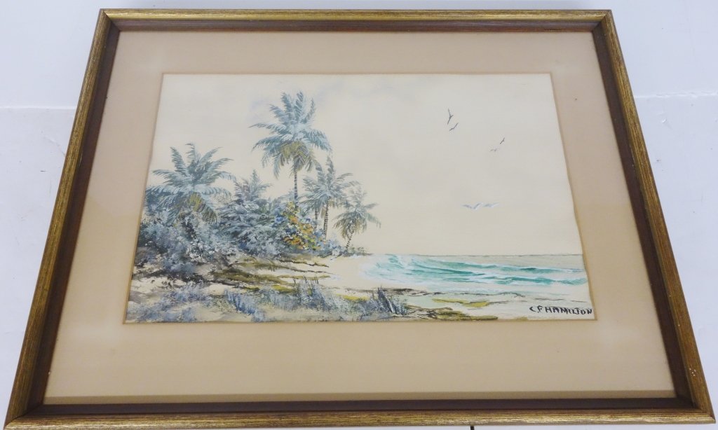 Watercolor signed C.F. Hamilton: C.F. Hamilton, American listed, a Caribbean shore watercolor. 24 inches x 18 inches.