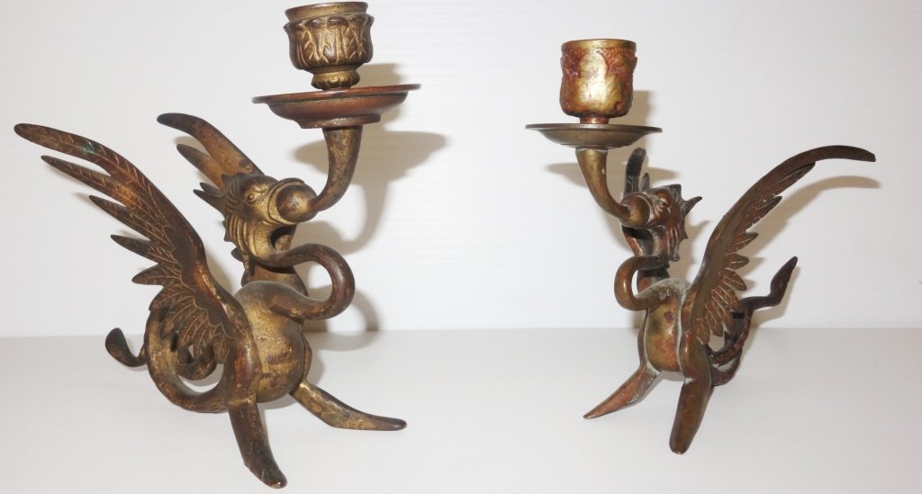 Pair of Oriental dragon brass candle holders (1 of 2)