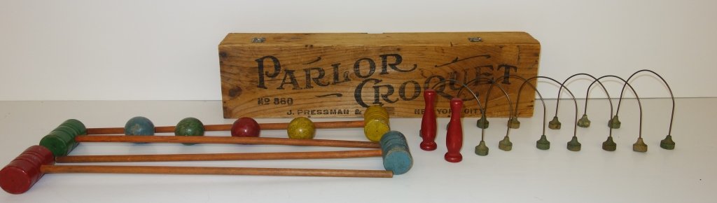 Parlor croquet set in original wood box: Parlor croquet set, no. 860 J. Pressman & co. in original wood box. 20 inches x 5 inches.