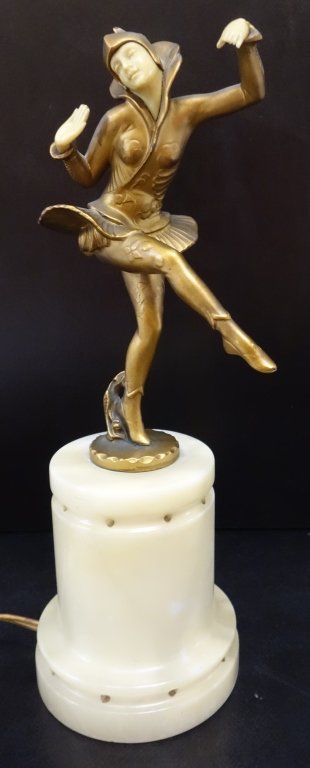 Art Deco woman dancing lamp: Art Deco woman dancing lamp. Lacking fingers; not attached to base. 12 inches high.