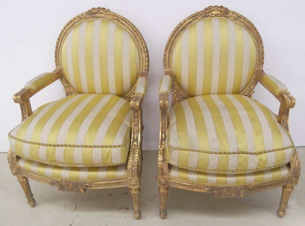 Pair of gold/beige upholstered arm chairs (1 of 4)