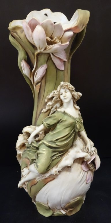 Royal Dux woman figure on floral vase (1 of 5)